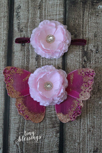 Baby Pink Butterfly Wing Set / Newborn Wings / Newborn Wing Prop / Baby Girl Headband / Newborn Photo Prop / Newborn Butterfly Wings