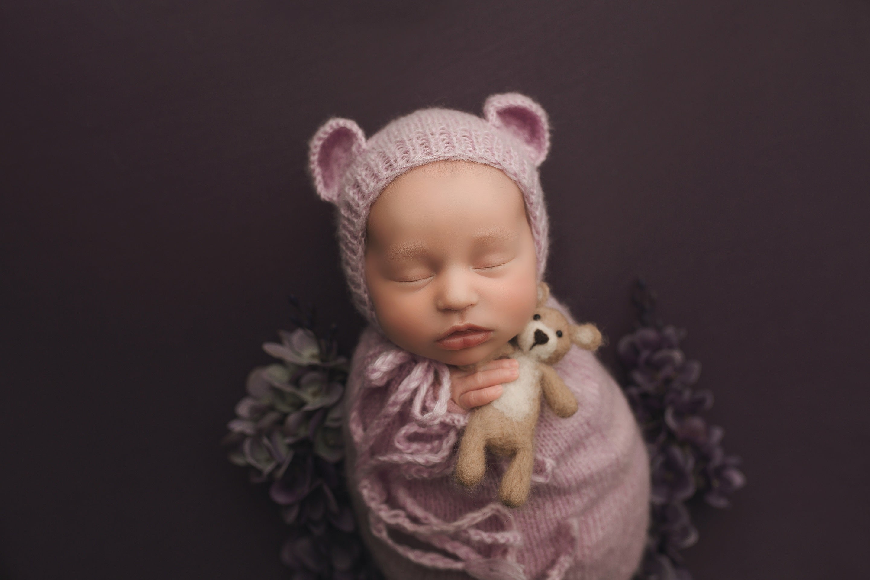 Lavender Knit Snuggle Sack and Bonnet