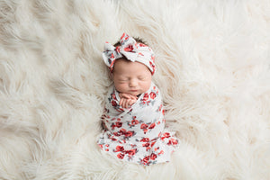 Red Floral Swaddle Blanket & Headband