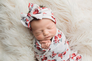 Red Floral Swaddle Blanket & Headband