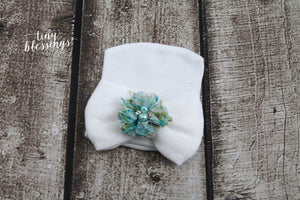 White Newborn Hospital Hat with Blue Floral Flower