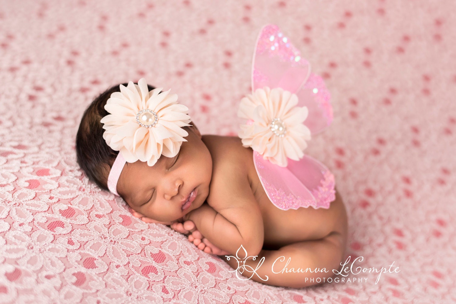 Pink and Ivory Butterfly Wing Set / Newborn Wings / Newborn Wing Prop / Baby Girl Headband / Newborn Photo Prop / Newborn Butterfly Wings