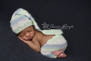 Mint, Baby Blue and White Stripe Knit Hat and Pants Set