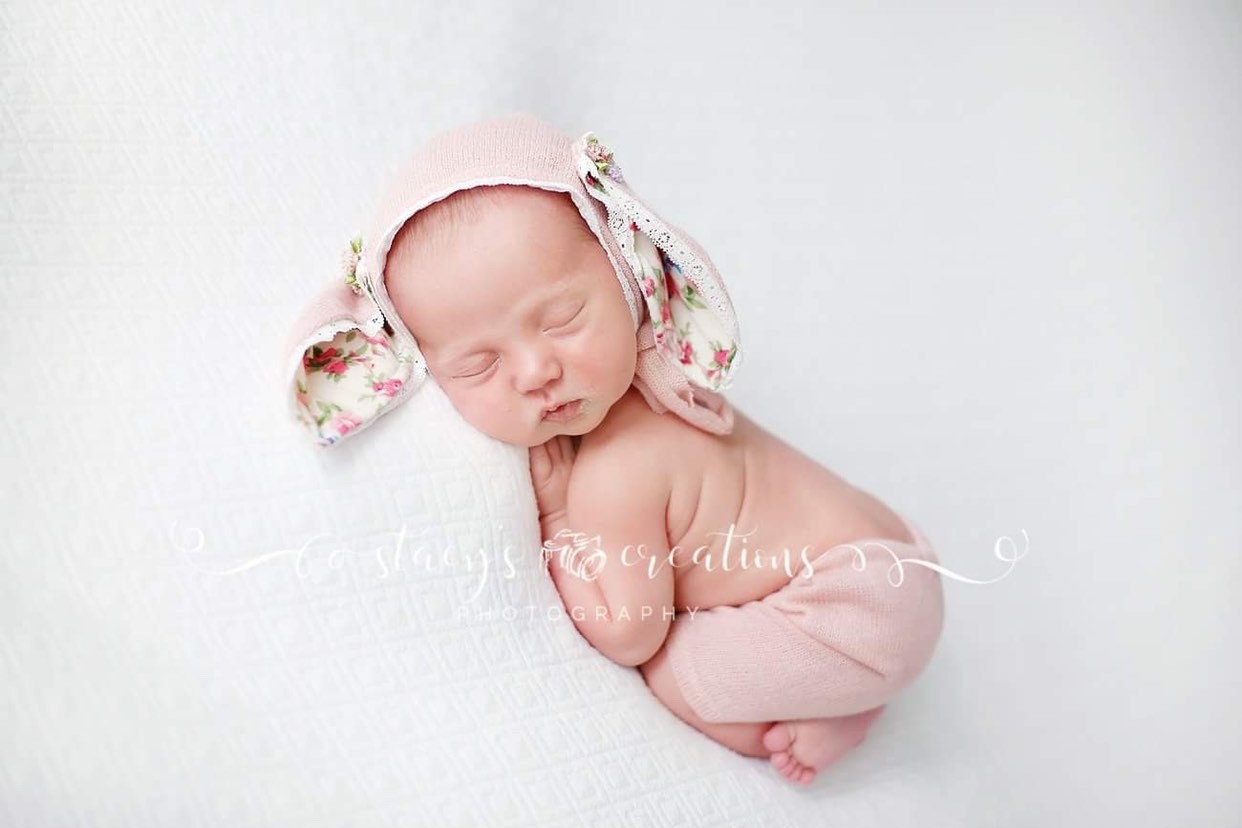 Pink Bunny Bonnet / Knit Shorts / Newborn Photo Prop / Newborn Prop / Mohair Prop / Bunny Hat / Easter Prop / New Baby Gift / Floral Bunny