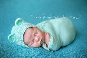 Mint Knit Swaddle Sack and Bear Bonnet /  Newborn Swaddle Sack / Newborn Photo Prop / Knit Photo Prop / Newborn Cocoon / Newborn Sack / RTS