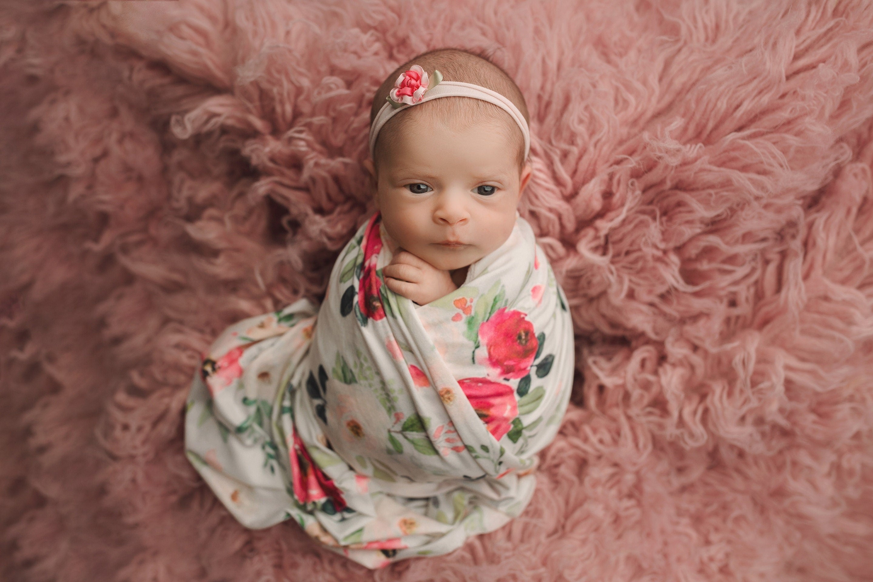 Pink Floral Swaddle and Flower Headband / Headband Swaddle Set / Lightweight Blanket / Swaddling Blanket / Soft Blanket / Hospital Blanket