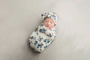 Knit Swaddle Blanket, Bow Headband, Headband Swaddle Set, Blue Floral Baby Blanket, Swaddling Blanket, Knit Blanket, Soft Baby Blanket