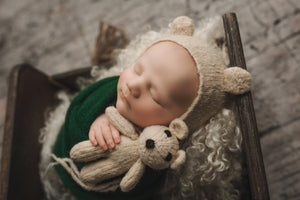 Oatmeal Bear Bonnet and Lovey / Bear Bonnet / Knit Bonnet / Newborn Photo Prop / Knit Newborn Prop / Teddy Bear Bonnet / Bear Prop / RTS