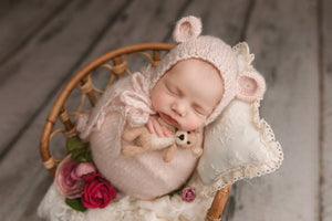 Blush Pink Snuggle Sack and Bonnet /  Bear Bonnet & Wrap / Newborn Photo Prop / Knit Newborn Prop / Knit Cocoon / Newborn Sack / RTS