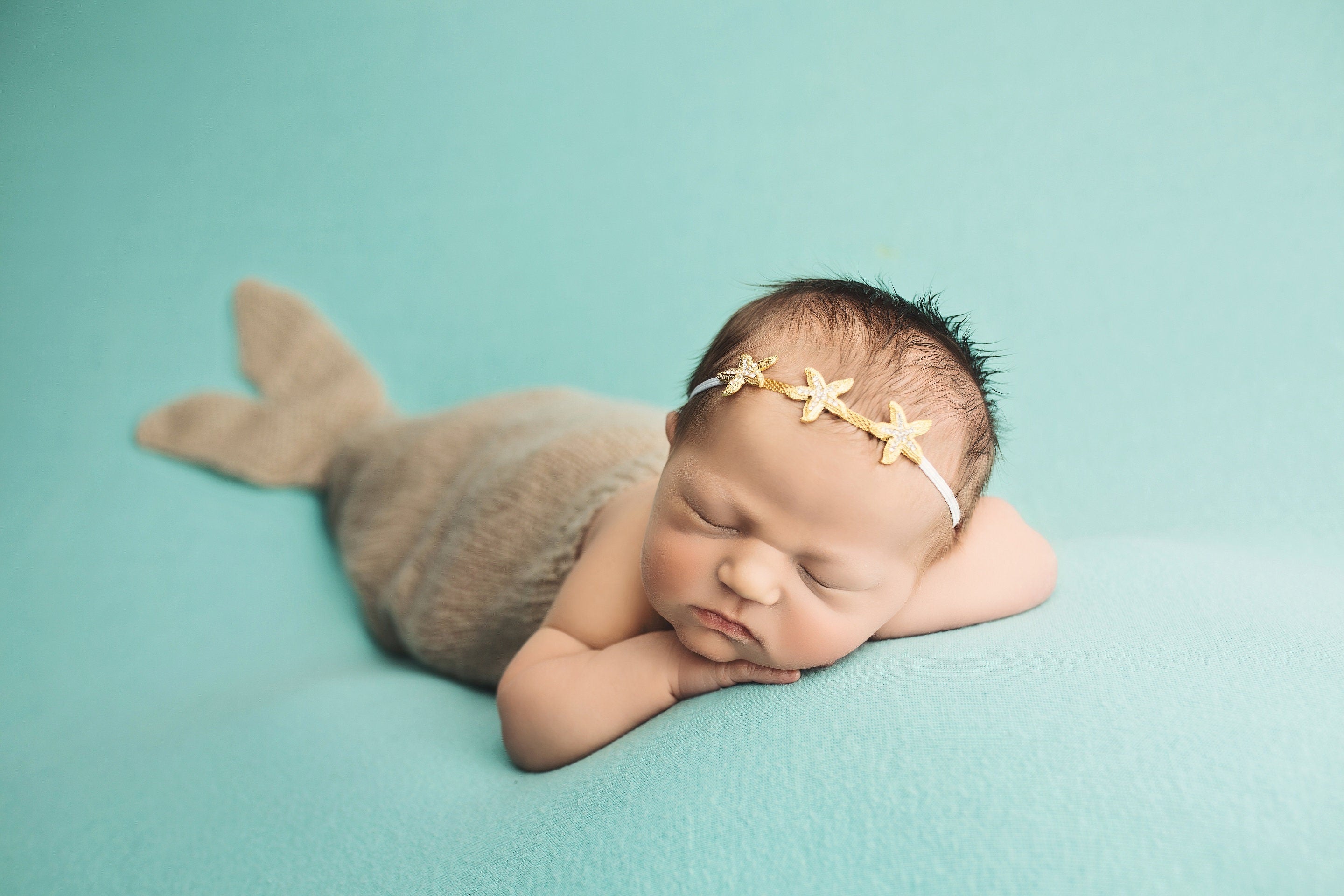 Beige Mermaid Swaddle Sack / Mermaid Photo Prop / Newborn Mermaid Sack / Starfish Tie Back / Newborn Photo Prop / Knit Mermaid Tail / RTS