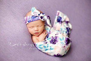 Purple Floral Swaddle Blanket / Bow Headband / Headband Swaddle Set / Lightweight Baby Blanket /Swaddling Blanket / Baby Blanket / Baby Gift