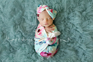Aqua Floral Swaddle Blanket / Bow Headband / Headband Swaddle Set / Lightweight Baby Blanket /Swaddling Blanket / Baby Blanket / Baby Gift