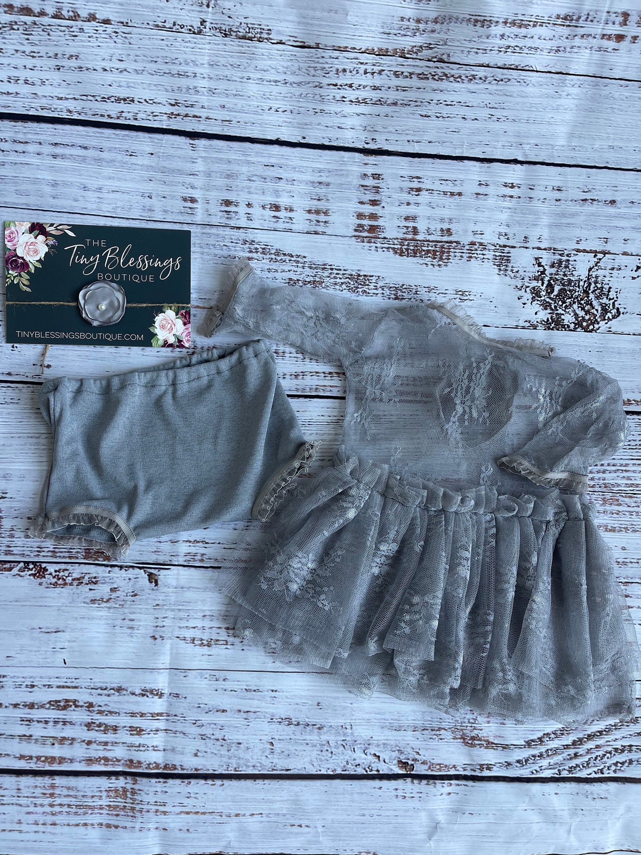 Grey Lace Dress and Shorts / Newborn Romper / Newborn Lace Romper / grey Newborn Romper / Baby Girl tie back / Newborn Photo Prop / RTS
