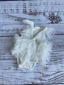 Ivory Romper with tulle ruffles / Newborn Photo Prop / Baby Girl Photo Prop / Embellished Romper / Ivory Romper / RTS / lace knit romper