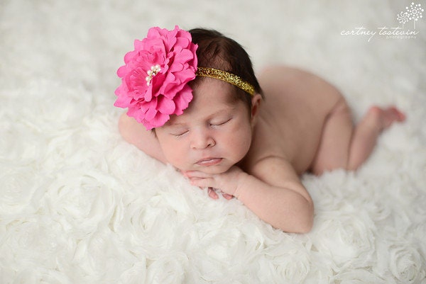 Beautiful Hot Pink Flower with Pearl and Rhinestone Center Headband or Clip Beautiful Newborn Photo Prop Infant Toddler Adult