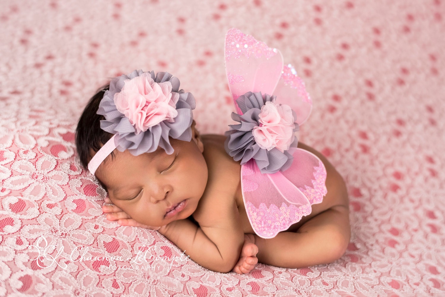 Pink and Grey Butterfly Wing Set / Newborn Wings / Newborn Wing Prop / Baby Girl Headband / Newborn Photo Prop / Newborn Butterfly Wings