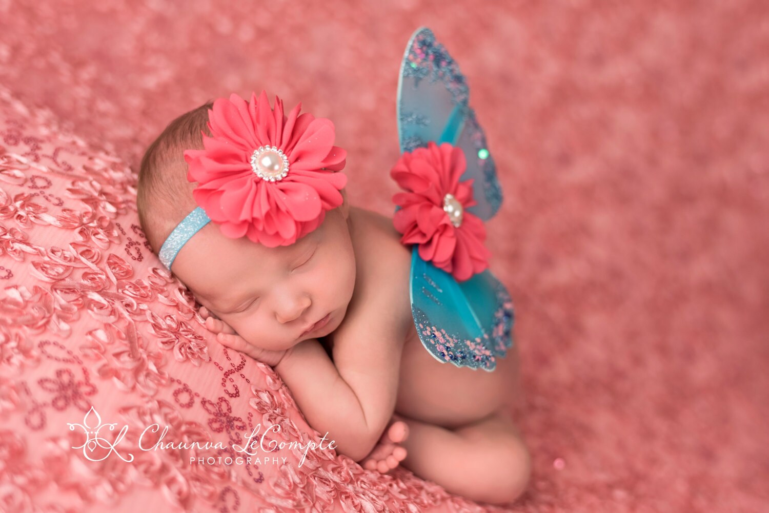 Turquoise and Coral Butterfly Wing Set / Infant Wings / Newborn Wing Prop / Baby Girl Headband / Newborn Photo Prop / Newborn Butterfly Wing