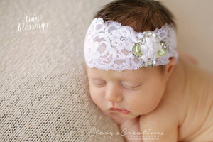 White Flower and Rhinestone Lace Headband