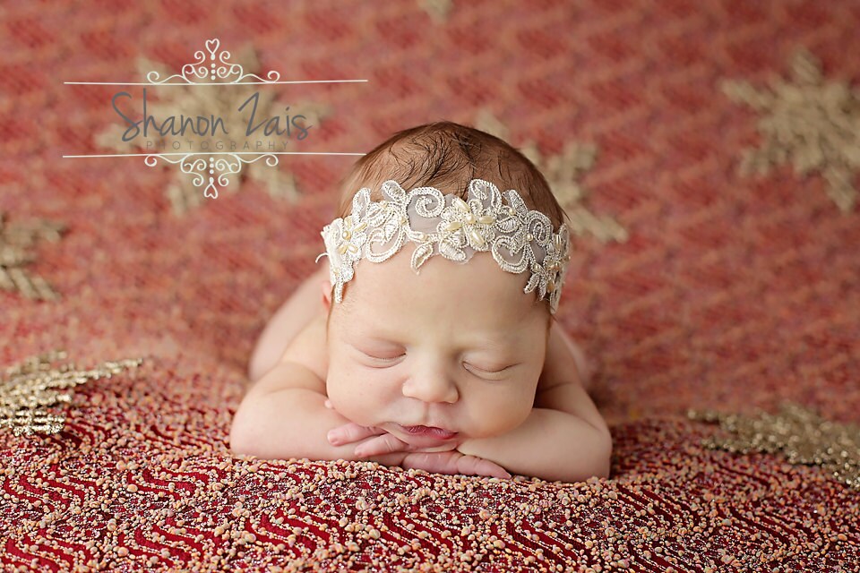 Gold Lace Pearl Headband / Gold Lace Headband / Newborn Headband / Newborn Photo Prop / Baptism Headband / Baby Headband / Baby Girl