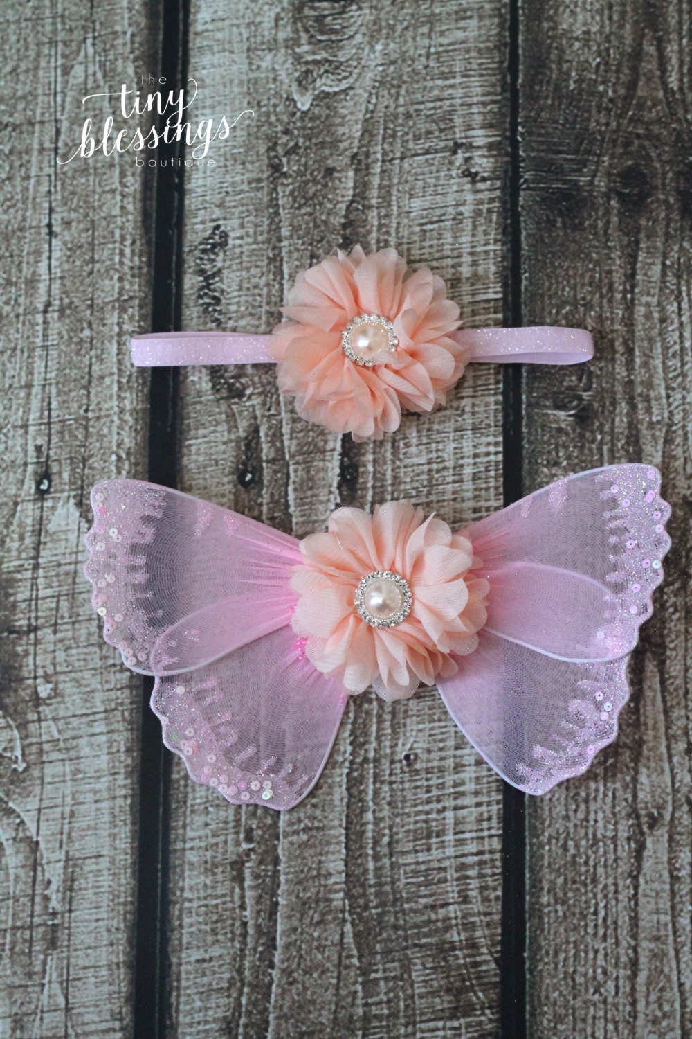 Pink and Peach Butterfly Wing Set  / Newborn Wings / Newborn Wing Prop / Baby Girl Headband / Newborn Photo Prop / Newborn Butterfly Wings