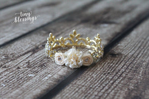 Gold Rhinestone Crown with Flowers