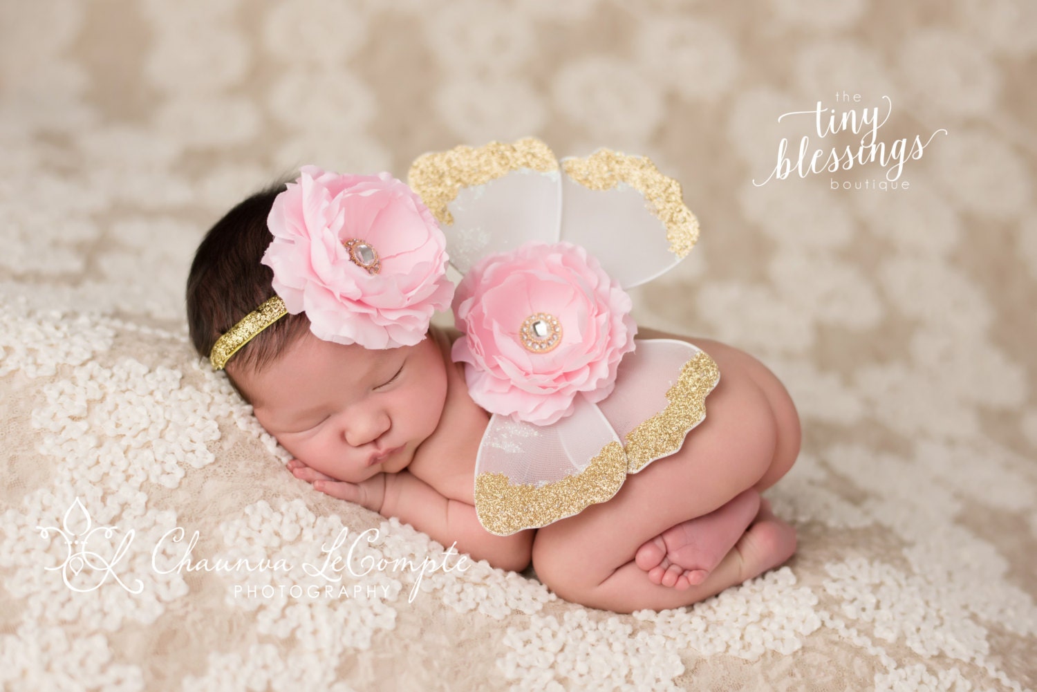 Baby Wing and Headband Set,  Gold and Baby Pink Wing Set, Newborn Wing Prop, Newborn Wings, Baby Wing Prop, Wing Photo Prop, Photo Prop