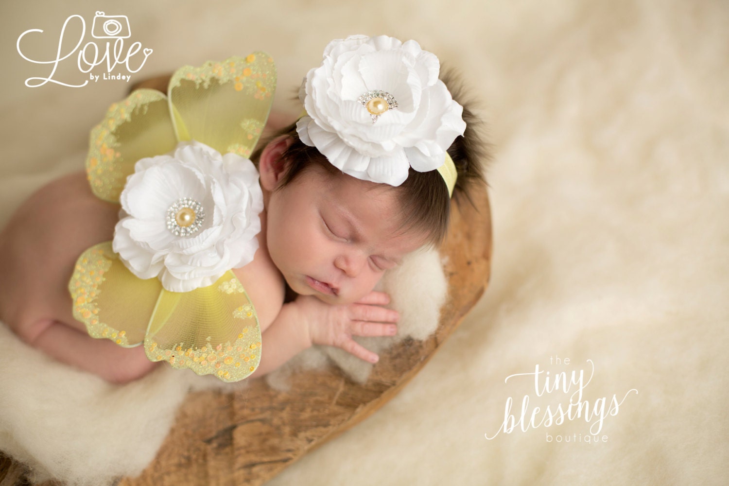 Yellow and White Butterfly Wing Set / Newborn Wings / Newborn Wing Prop / Baby Girl Headband / Newborn Photo Prop / Newborn Butterfly Wings
