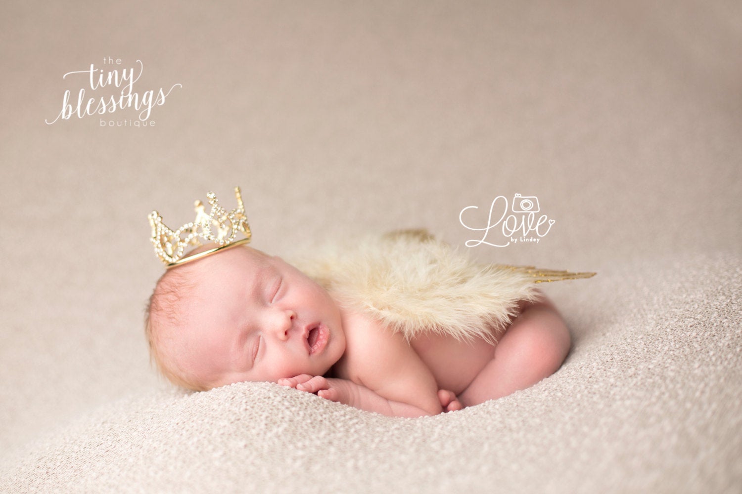 Gold Glitter Angel Baby Wing and Gold Rhinestone Crown Set