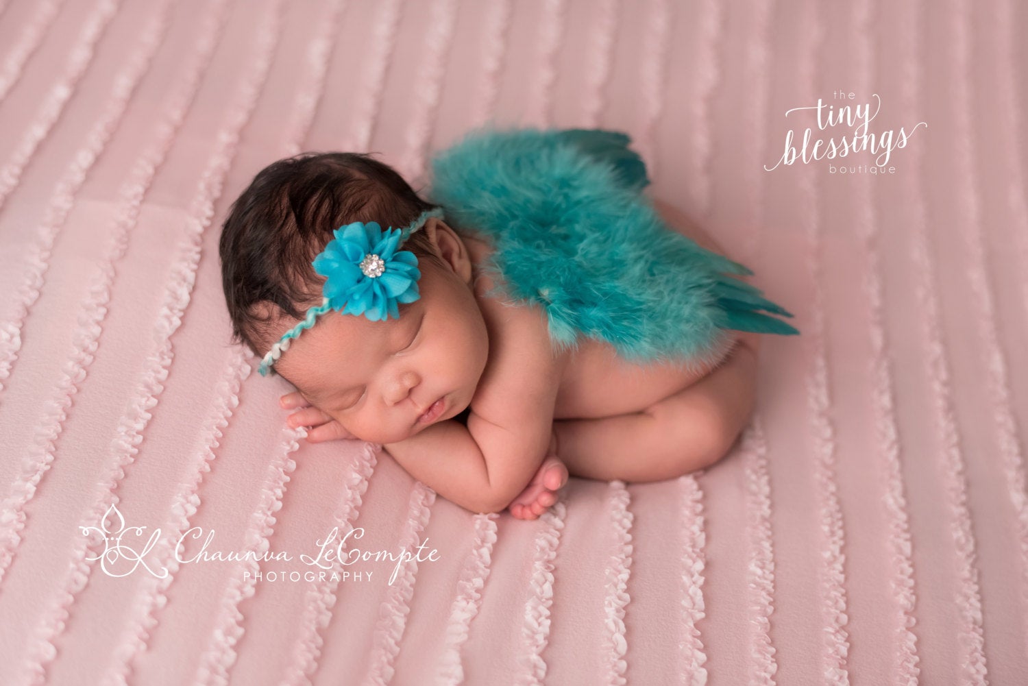 Light Turquoise Wings Angel Baby Wing and Flower Tie back Set