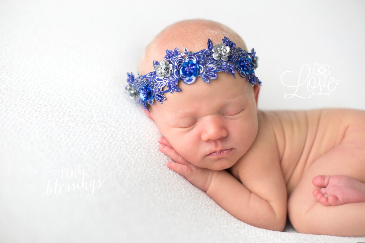 Royal Blue Headband / Lace Headband / Beaded Headband / Baby Girl Headband / Sequin Floral Headband / Baby Shower Gift / Newborn Photography