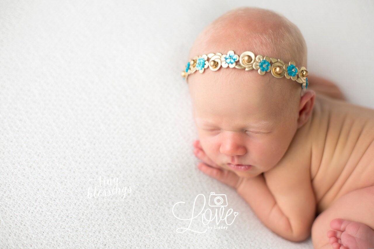 Gold and Turquoise Headband / Gold and Aqua Headband / Baby Girl Headband / Gold Headband / Newborn Photography Prop / Petite Headband