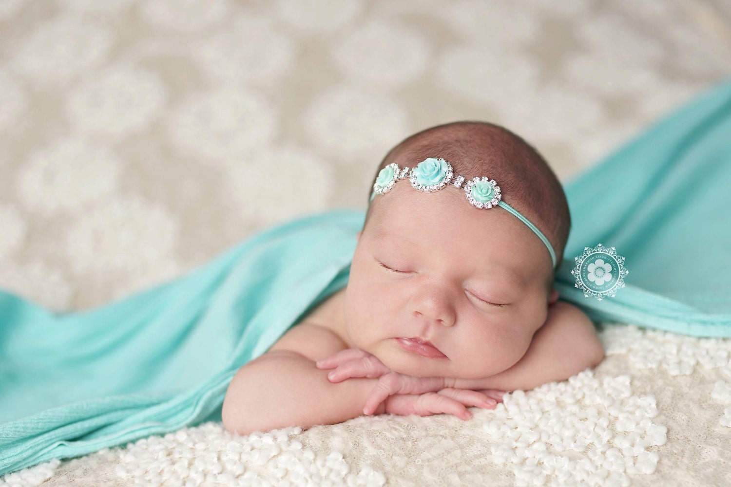 Aqua Flower and Rhinestone Headband / Baby Girl Headband / Baby Headband / Newborn Photo Prop / Baptism Headband, Christening Headband