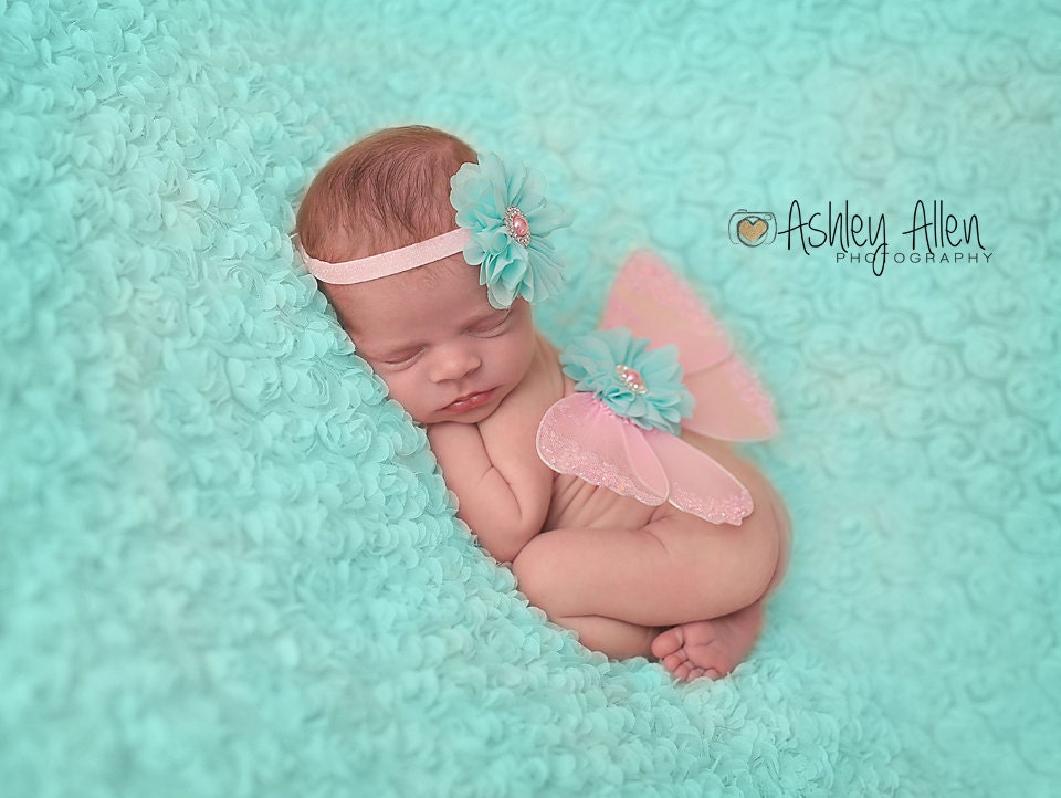 Pink and Aqua Butterfly Wing and Headband Set / Newborn Wings  /  Baby Wing Set / Newborn Wing Prop / Pink Wings / Newborn Fairy Wings