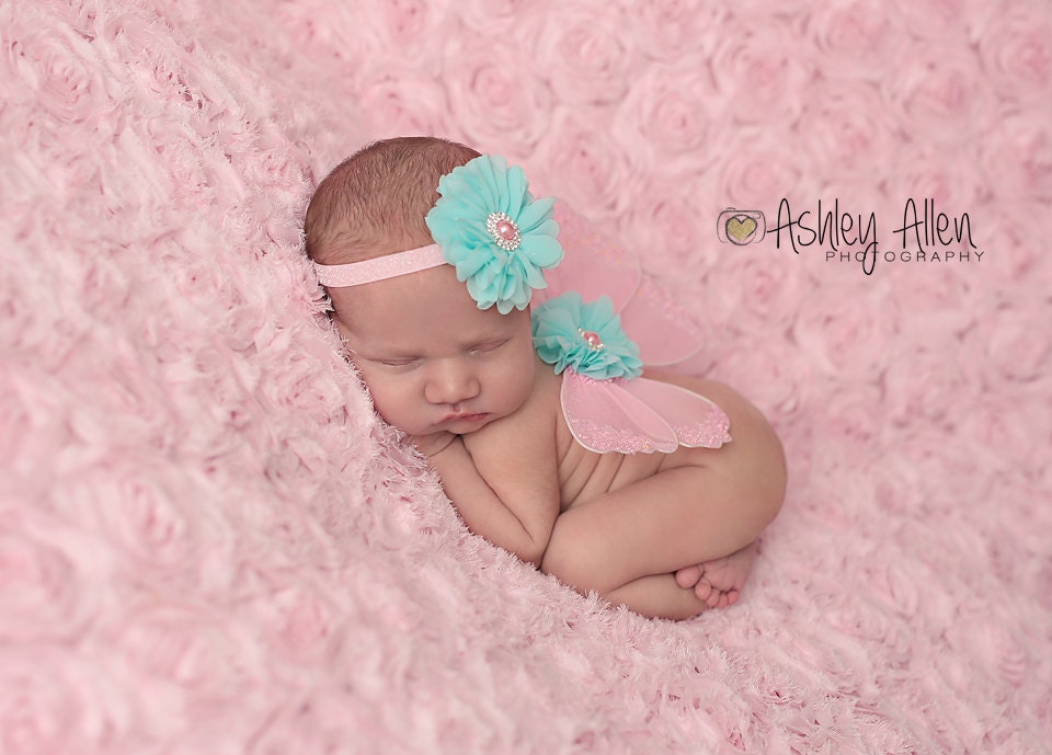 Pink and Aqua Butterfly Wing and Headband Set / Newborn Wings  /  Baby Wing Set / Newborn Wing Prop / Pink Wings / Newborn Fairy Wings