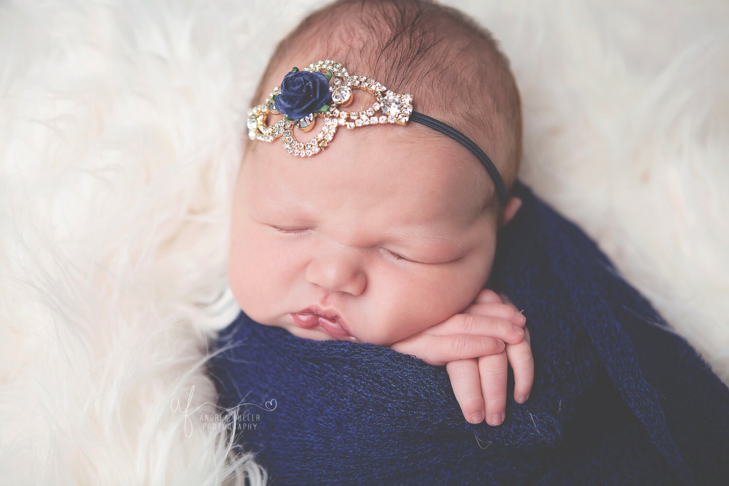 Gold Rhinestone Headband / Navy Headband / Baby Girl Headband / Baby Headband / Baptism Headband / Christening Headband / Baby Girl
