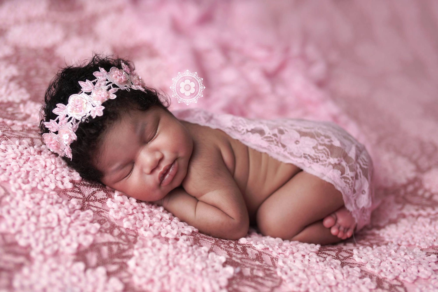 Pink Headband / Pink Lace Headband / Baby Girl Headband / Beaded Headband / Christening Headband / Baptism / Newborn Photography Prop