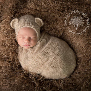 Beige Knit Swaddle Sack and Bear Bonnet /  Newborn Swaddle Sack / Newborn Photo Prop / Knit Photo Prop / Newborn Cocoon / Newborn Sack / RTS