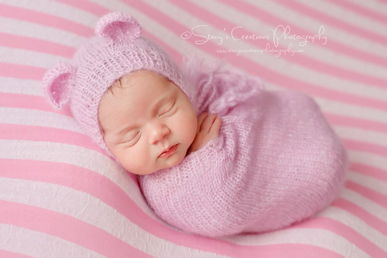 Pink Knit Swaddle Sack and Bear Bonnet /  Newborn Swaddle Sack / Newborn Photo Prop / Knit Photo Prop / Newborn Cocoon / Newborn Sack / RTS