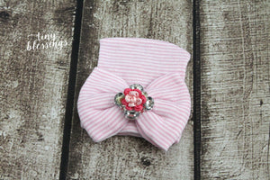 Pink Flower and Rhinestone Newborn Hat